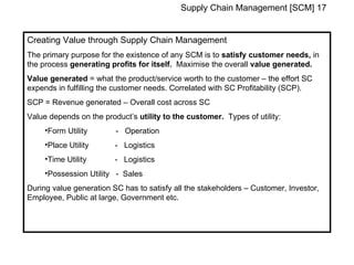 Supply Chain Management [SCM] 17


Creating Value through Supply Chain Management
The primary purpose for the existence of any SCM is to satisfy customer needs, in
the process generating profits for itself. Maximise the overall value generated.
Value generated = what the product/service worth to the customer – the effort SC
expends in fulfilling the customer needs. Correlated with SC Profitability (SCP).
SCP = Revenue generated – Overall cost across SC
Value depends on the product’s utility to the customer. Types of utility:
     •Form Utility       - Operation
     •Place Utility      - Logistics
     •Time Utility       - Logistics
     •Possession Utility - Sales
During value generation SC has to satisfy all the stakeholders – Customer, Investor,
Employee, Public at large, Government etc.
 