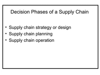 Decision Phases of a Supply Chain


• Supply chain strategy or design
• Supply chain planning
• Supply chain operation
 