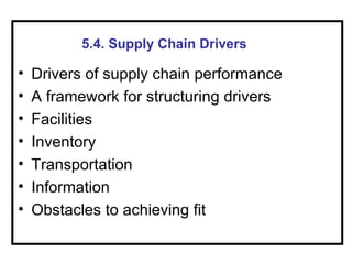 5.4. Supply Chain Drivers

•   Drivers of supply chain performance
•   A framework for structuring drivers
•   Facilities
•   Inventory
•   Transportation
•   Information
•   Obstacles to achieving fit
 