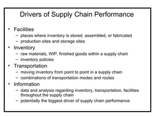 Drivers of Supply Chain Performance

• Facilities
   – places where inventory is stored, assembled, or fabricated
   – production sites and storage sites
• Inventory
   – raw materials, WIP, finished goods within a supply chain
   – inventory policies
• Transportation
   – moving inventory from point to point in a supply chain
   – combinations of transportation modes and routes
• Information
   – data and analysis regarding inventory, transportation, facilities
     throughout the supply chain
   – potentially the biggest driver of supply chain performance
 