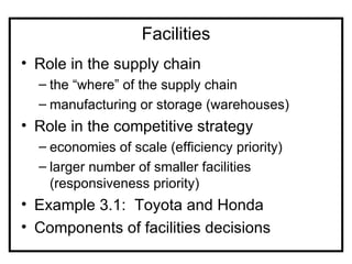Facilities
• Role in the supply chain
  – the “where” of the supply chain
  – manufacturing or storage (warehouses)
• Role in the competitive strategy
  – economies of scale (efficiency priority)
  – larger number of smaller facilities
    (responsiveness priority)
• Example 3.1: Toyota and Honda
• Components of facilities decisions
 