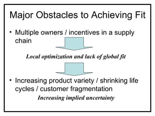 Major Obstacles to Achieving Fit
• Multiple owners / incentives in a supply
  chain

     Local optimization and lack of global fit



• Increasing product variety / shrinking life
  cycles / customer fragmentation
         Increasing implied uncertainty
 