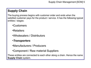 Supply Chain Management [SCM] 5


Supply Chain
The buying process begins with customer order and ends when the
satisfied customer pays for the product / service. It has the following typical
entities / stages:

    •Customers
    •Retailers
    •Wholesalers / Distributors
    •Transporters
    •Manufacturers / Producers
    •Component / Raw material Suppliers
These entities are connected to each other along a chain. Hence the name
Supply Chain system.
 
