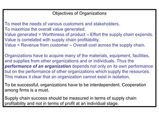 Objectives of Organizations

To meet the needs of various customers and stakeholders.
To maximize the overall value generated.
Value generated = Worthiness of product – Effort the supply chain expends.
Value is correlated with supply chain profitability.
Value = Revenue from customer – Overall cost across the supply chain.

Organizations have to acquire many of the materials, equipment, facilities,
and supplies from other organizations and or individuals. Thus the
performance of an organization depends not only on its own performance
but on the performance of other organizations which supply the resources.
This makes it clear that an organization cannot exist in isolation.
To be successful, organizations have to be interdependent. Cooperation
among firms is a must.
Supply chain success should be measured in terms of supply chain
profitability and not in terms of profit at an individual stage.
 