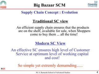 Supplay chain management Big Bazaar SCM Traditional SC view An efficient supply chain ensures that the products are on the shelf, available for sale, when Shoppers come to buy them ... all the time!  Modern SC View An effective SC ensures high level of Customer Service at optimum level of working capital and cost! So simple yet extremly demamding...... Supply Chain Concept : Evolution 
