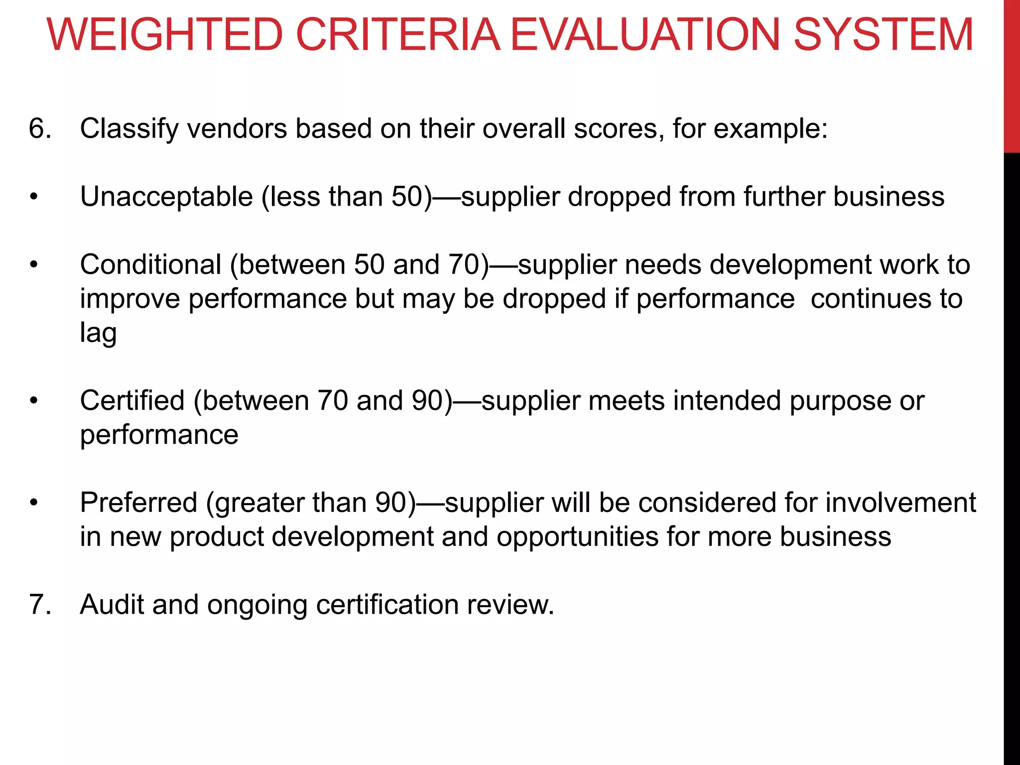 WEIGHTED CRITERIA EVALUATION SYSTEM
6. Classify vendors based on their overall scores, for example:
• Unacceptable (less than 50)—supplier dropped from further business
• Conditional (between 50 and 70)—supplier needs development work to
improve performance but may be dropped if performance continues to
lag
• Certified (between 70 and 90)—supplier meets intended purpose or
performance
• Preferred (greater than 90)—supplier will be considered for involvement
in new product development and opportunities for more business
7. Audit and ongoing certification review.
 