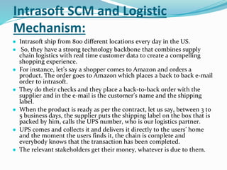 Intrasoft SCM and Logistic
Mechanism:
● Intrasoft ship from 800 different locations every day in the US.
● So, they have a strong technology backbone that combines supply
chain logistics with real time customer data to create a compelling
shopping experience.
● For instance, let’s say a shopper comes to Amazon and orders a
product. The order goes to Amazon which places a back to back e-mail
order to intrasoft.
● They do their checks and they place a back-to-back order with the
supplier and in the e-mail is the customer’s name and the shipping
label.
● When the product is ready as per the contract, let us say, between 3 to
5 business days, the supplier puts the shipping label on the box that is
packed by him, calls the UPS number, who is our logistics partner.
● UPS comes and collects it and delivers it directly to the users’ home
and the moment the users finds it, the chain is complete and
everybody knows that the transaction has been completed.
● The relevant stakeholders get their money, whatever is due to them.
 
