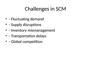 Challenges in SCM
• - Fluctuating demand
• - Supply disruptions
• - Inventory mismanagement
• - Transportation delays
• - Global competition
 