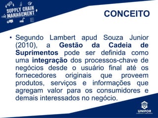 Com a crescente transformação
tecnológica, as empresas estão buscando
vantagens competitivas.
O SCM vem como uma ferramenta, que se
implementada corretamente, pode aprimorar
o desempenho de longo prazo das
organizações, visto que, abrange toda a
cadeia produtiva de forma estratégica
integrada.
INTRODUÇÃO
 