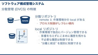 分散管理 (DVCS) の特徴
ソフトウェア構成管理システム
remotelocal
分散リポジトリ
• remote と 作業環境分の local がある
• プロセス制御がしづらい傾向
local
master
bugfix
local リポジトリ
• 作業環境で独自にバージョン管理できる
• 影響を与えずにこまめに履歴を残せる
• 不必要な履歴は制御できる
• 分離と統合 を個別に制御できる
 