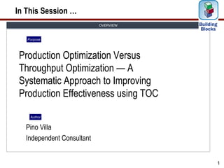 In This Session …
                           OVERVIEW



   Purpose




 Production Optimization Versus
 Throughput Optimization — A
 Systematic Approach to Improving
 Production Effectiveness using TOC

    Author


  Pino Villa
  Independent Consultant


                                      1
 