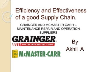 Efficiency and Effectiveness
of a good Supply Chain.
By
Akhil A
GRAINGER AND MCMASTER CARR –
MAINTENANCE REPAIR AND OPERATION
SUPPLIERS
 
