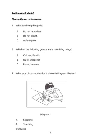 1
Section A (40 Marks)
Choose the correct answers.
1. What can living things do?
A Do not reproduce
B Do not breath
C Able to grow
2. Which of the following groups are is non-living things?
A Chicken, Pencils,
B Ruler, sharpener
C Eraser, Humans,
3. What type of communication is shown in Diagram 1 below?
A Speaking
B Sketching
CDrawing
Diagram 1
 
