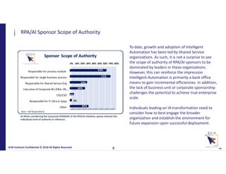 RPA/AI Sponsor Scope of Authority
SCM Institute Confidential © 2018 All Rights Reserved
™9
To date, growth and adoption of Intelligent
Automation has been led by Shared Service
organizations. As such, it is not a surprise to see
the scope of authority of RPA/AI sponsors to be
dominated by leaders in these organizations.
However, this can reinforce the impression
Intelligent Automation is primarily a back office
means to gain incremental efficiencies. In addition,
the lack of business unit or corporate sponsorship
challenges the potential to achieve true enterprise
scale.
Individuals leading an IA transformation need to
consider how to best engage the broader
organization and establish the environment for
future expansion upon successful deployment.
Q=When considering the Corporate SPONSOR of the RPA/AI initiative, please indicate this
individuals level of authority or influence.
Base = 80 Respondents
 