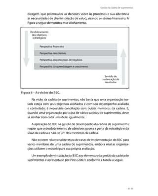Gestão da cadeia de suprimentos

dizagem, que potencializa as decisões sobre os processos e sua aderência
às necessidades do cliente (criação de valor), visando o retorno financeiro. A
figura a seguir demonstra esse alinhamento.
Desdobramento
dos objetivos
estratégicos
Perspectiva financeira
Perspectiva dos clientes
Perspectiva dos processos de negócios
Perspectiva da aprendizagem e crescimento

Sentido de
sustentação de
resultados

Figura 6 – As visões do BSC.
Na visão da cadeia de suprimentos, não basta que uma organização isolada esteja com seus objetivos alinhados e com seu desempenho avaliado
e controlado; é necessária conciliação com outros membros da cadeia. E,
quando uma organização participa de várias cadeias de suprimentos, deve
se alinhar com cada uma delas igualmente.
A aplicação do BSC na gestão de desempenho da cadeia de suprimentos
requer que o desdobramento de objetivos ocorra a partir da estratégia e da
visão da cadeia e não de um dos membros da cadeia.
Não existem relatos na literatura de casos de implementação do BSC para
vários membros de uma cadeia de suprimentos, embora muitas organizações utilizem o modelo para sua própria avaliação.
Um exemplo de vinculação do BSC aos elementos da gestão da cadeia de
suprimentos é apresentado por Pires (2007), conforme a tabela a seguir.

65

 