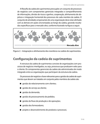 Gestão da cadeia de suprimentos

A filosofia da cadeia de suprimentos pressupõe um conjunto de processos
de negócios com componentes gerenciais integrados e compartilhamento
de informações, divisão de riscos e ganhos, cooperação, alinhamento de objetivos e integração horizontal dos processos de cada membro da cadeia. O
conjunto de atividades empresariais de uma organização deve estar alinhado
com as demais em ações sincronizadas ao longo da cadeia, gerando resultados específicos para o mercado-alvo, conforme ilustrado na figura a seguir.

Mercado-Alvo

Figura 2 – Integração e alinhamento dos membros na cadeia de suprimentos.

Configuração da cadeia de suprimentos
A estrutura da cadeia de suprimentos consiste de organizações com processos de negócios interligados, ou seja, processos que produzem valor para
o cliente. Os componentes gerenciais da cadeia são administrados de modo
integrado entre as organizações que participam da estrutura da cadeia.
Os processos de negócios-chave relevantes para a gestão da cadeia de suprimentos que devem ser tratados em conjunto pelos membros da cadeia são:
 gestão do relacionamento com clientes;
 gestão do serviço ao cliente;
 gestão da demanda;
 gestão do processamento de pedidos;
 gestão do fluxo de produção e de operações;
 gestão dos fornecedores;
 projeto e desenvolvimento de produtos e processos.

53

 