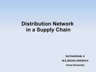 Distribution Network
in a Supply Chain
SATHASIVAM. K
M.E.(SEOR) 200836315
Anna University
 