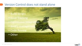 8 | C O N F I D E N T I A L
Version Control does not stand alone
• Build Scripts
• Issue Tracking
• Continuous Integration
• Binary management
• Code Review
• Other
 