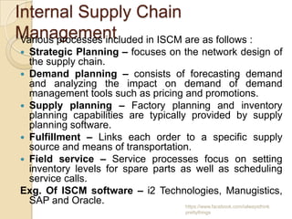 Internal Supply Chain
Management
 Various processes included in ISCM are as follows :
  Strategic Planning – focuses on the network design of
   the supply chain.
  Demand planning – consists of forecasting demand
   and analyzing the impact on demand of demand
   management tools such as pricing and promotions.
  Supply planning – Factory planning and inventory
   planning capabilities are typically provided by supply
   planning software.
  Fulfillment – Links each order to a specific supply
   source and means of transportation.
  Field service – Service processes focus on setting
   inventory levels for spare parts as well as scheduling
   service calls.
 Exg. Of ISCM software – i2 Technologies, Manugistics,
   SAP and Oracle.                    https://www.facebook.com/ialwaysthink
                                               prettythings
 