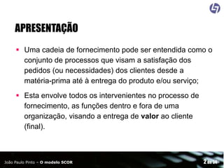 APRESENTAÇÃO
 Uma cadeia de fornecimento pode ser entendida como o
conjunto de processos que visam a satisfação dos
pedidos (ou necessidades) dos clientes desde a
matéria-prima até à entrega do produto e/ou serviço;
 Esta envolve todos os intervenientes no processo de
fornecimento, as funções dentro e fora de uma
organização, visando a entrega de valor ao cliente
(final).

João Paulo Pinto – O modelo SCOR

2 de 54

 