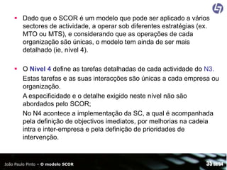  Dado que o SCOR é um modelo que pode ser aplicado a vários
sectores de actividade, a operar sob diferentes estratégias (ex.
MTO ou MTS), e considerando que as operações de cada
organização são únicas, o modelo tem ainda de ser mais
detalhado (ie, nível 4).
 O Nível 4 define as tarefas detalhadas de cada actividade do N3.
Estas tarefas e as suas interacções são únicas a cada empresa ou
organização.
A especificidade e o detalhe exigido neste nível não são
abordados pelo SCOR;
No N4 acontece a implementação da SC, a qual é acompanhada
pela definição de objectivos imediatos, por melhorias na cadeia
intra e inter-empresa e pela definição de prioridades de
intervenção.

João Paulo Pinto – O modelo SCOR

35 de 54

 