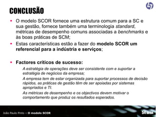CONCLUSÃO
 O modelo SCOR fornece uma estrutura comum para a SC e
sua gestão, fornece também uma terminologia standard,
métricas de desempenho comuns associadas a benchmarks e
às boas práticas de SCM;
 Estas características estão a fazer do modelo SCOR um
referencial para a indústria e serviços;
 Factores críticos de sucesso:
A estratégia de operações deve ser consistente com e suportar a
estratégia de negócios da empresa;
A empresa tem de estar organizada para suportar processos de decisão
rápidos, as práticas de gestão têm de ser apoiadas por sistemas
apropriados e TI.
As métricas de desempenho e os objectivos devem motivar o
comportamento que produz os resultados esperados.

João Paulo Pinto – O modelo SCOR

54 de 54

 
