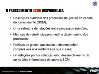 O PROCEDIMENTO SCOR DISPONIBILIZA:
 Descrições standard dos processos de gestão da cadeia
de fornecimento (SCM);

 Uma estrutura de relações entre processos standard;
 Métricas de referência para medir o desempenho dos
processos;
 Práticas de gestão que levam a desempenhos
comparáveis aos melhores na sua classe;
 Orientações para a selecção e/ou desenvolvimento de
aplicações informáticas de apoio à SCM.

João Paulo Pinto – O modelo SCOR

8 de 54

 