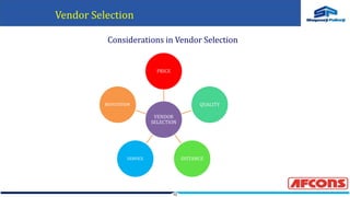 10
Considerations in Vendor Selection
VENDOR
SELECTION
PRICE
QUALITY
DISTANCE
SERVICE
REPUTATION
Vendor Selection
 