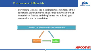 5
Procurement of Materials
• Purchasing is one of the most important functions of the
site stores department which ensures the availability of
materials at the site, and the planned job at hand gets
executed at the intended time.
CURRENTLY THE PURCHASE FUNCTIONS ARE BIFURCATED
HO
PURCHASE
SITE PURCHASE
 