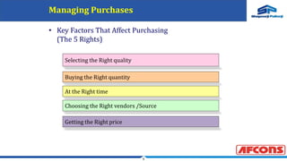 9
Managing Purchases
• Key Factors That Affect Purchasing
(The 5 Rights)
Selecting the Right quality
Buying the Right quantity
At the Right time
Choosing the Right vendors /Source
Getting the Right price
 