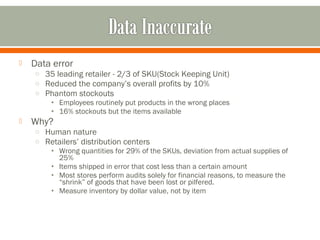  Data error 
o 35 leading retailer - 2/3 of SKU(Stock Keeping Unit) 
o Reduced the company’s overall profits by 10% 
o Phantom stockouts 
• Employees routinely put products in the wrong places 
• 16% stockouts but the items available 
 Why? 
o Human nature 
o Retailers’ distribution centers 
• Wrong quantities for 29% of the SKUs, deviation from actual supplies of 
25% 
• Items shipped in error that cost less than a certain amount 
• Most stores perform audits solely for financial reasons, to measure the 
“shrink” of goods that have been lost or pilfered. 
• Measure inventory by dollar value, not by item 
 