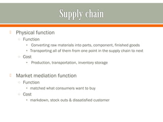  Physical function 
o Function 
• Converting raw materials into parts, component, finished goods 
• Transporting all of them from one point in the supply chain to next 
o Cost 
• Production, transportation, inventory storage 
 Market mediation function 
o Function 
• matched what consumers want to buy 
o Cost 
• markdown, stock outs & dissatisfied customer 
 