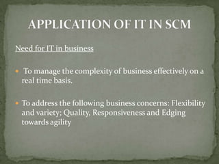 Need for IT in business

 To manage the complexity of business effectively on a
 real time basis.

 To address the following business concerns: Flexibility
 and variety; Quality, Responsiveness and Edging
 towards agility
 