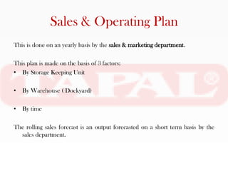 Sales & Operating Plan
This is done on an yearly basis by the sales & marketing department.

This plan is made on the basis of 3 factors:
• By Storage Keeping Unit

• By Warehouse ( Dockyard)

• By time

The rolling sales forecast is an output forecasted on a short term basis by the
  sales department.
 