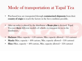 Mode of transportation at Tapal Tea
• Purchased teas are transported through containerized shipments from their
  country of origin to reach the factory in the best condition possible.

• After an order is placed by the distributor a Route plan is devised. Tapal
  Tea uses three different models of vehicles to transport its tea to the
  distributors.

• Shehzore (Max. capacity = 150 cartons, Min. capacity allowed = 115 cartons)
• Mazda (Max. capacity = 400 cartons, Min. capacity allowed = 350 cartons)
• Hino (Max. capacity = 400 cartons, Min. capacity allowed = 350 cartons)
 