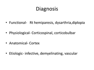 Diagnosis
• Functional- Rt hemiparesis, dysarthria,diplopia
• Physiological- Corticospinal, corticobulbar
• Anatomical- Cortex
• Etiologic- infective, demyelinating, vascular
 
