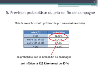17



5. Prévision probabiliste du prix en fin de campagne

     Mois de novembre 2008 : précision du prix au mois de mai 2009




       la probabilité que le prix en fin de campagne

          soit inférieur à 125 €/tonne est de 93 %
 