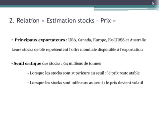 6



2. Relation « Estimation stocks – Prix »

• Principaux exportateurs : USA, Canada, Europe, Ex-URSS et Australie

Leurs stocks de blé représentent l’offre mondiale disponible à l’exportation


• Seuil critique des stocks : 64 millions de tonnes

         - Lorsque les stocks sont supérieurs au seuil : le prix reste stable

         - Lorsque les stocks sont inférieurs au seuil : le prix devient volatil
 