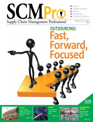 SCMPr
n	 insight
n	Human Resource
n	report
n	Knowledge
n	Academic Advocacy
Supply Chain Management Professional
insight
India’s Foreign
policy paves pay for
optimistic supply
chains.
Page...07
International
Feature
Recasting Mid-
dlemen in the
Produce Supply
Chain.
Page...38
report
Transportation
and Logistics
2030 .
Page...34
May 2014 Vol. 2—No. 3
		 `150
In This
Issue
Fast,
Forward,
Focused
Outsourcing:
 