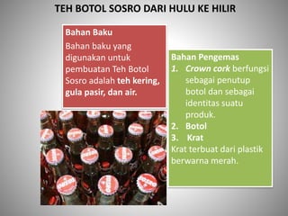 TEH BOTOL SOSRO DARI HULU KE HILIR
Bahan Baku
Bahan baku yang
digunakan untuk
pembuatan Teh Botol
Sosro adalah teh kering,
gula pasir, dan air.
Bahan Pengemas
1. Crown cork berfungsi
sebagai penutup
botol dan sebagai
identitas suatu
produk.
2. Botol
3. Krat
Krat terbuat dari plastik
berwarna merah.
 