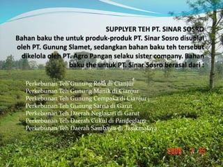 Perkebunan Teh Gunung Rosa di Cianjur
Perkebunan Teh Gunung Manik di Cianjur
Perkebunan Teh Gunung Cempaka di Cianjur
Perkebunan Teh Gunung Satria di Garut
Perkebunan Teh Daerah Neglasari di Garut
Perkebunan Teh Daerah Cukul di Pandeglang
Perkebunan Teh Daerah Sambawa di Tasikmalaya
 