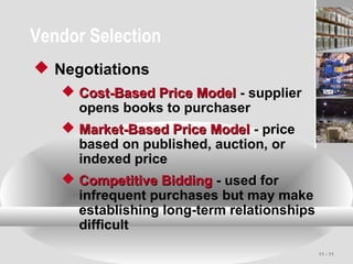 11 - 11
Vendor Selection
 Negotiations
 Cost-Based Price ModelCost-Based Price Model - supplier
opens books to purchaser
 Market-Based Price ModelMarket-Based Price Model - price
based on published, auction, or
indexed price
 Competitive BiddingCompetitive Bidding - used for
infrequent purchases but may make
establishing long-term relationships
difficult
 