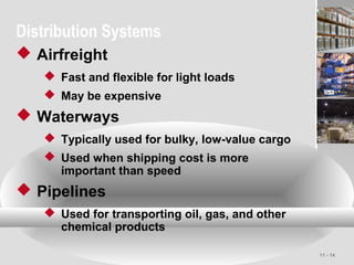 11 - 14
Distribution Systems
 Airfreight
 Fast and flexible for light loads
 May be expensive
 Waterways
 Typically used for bulky, low-value cargo
 Used when shipping cost is more
important than speed
 Pipelines
 Used for transporting oil, gas, and other
chemical products
 