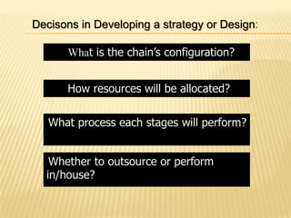 Decisons in Developing a strategy or Design:

      What is the chain’s configuration?


      How resources will be allocated?


   What process each stages will perform?


   Whether to outsource or perform
  in/house?
 