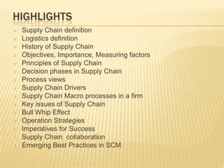 HIGHLIGHTS
   Supply Chain definition
   Logistics definition
   History of Supply Chain
   Objectives, Importance, Measuring factors
   Principles of Supply Chain
   Decision phases in Supply Chain
   Process views
   Supply Chain Drivers
   Supply Chain Macro processes in a firm
   Key issues of Supply Chain
   Bull Whip Effect
   Operation Strategies
   Imperatives for Success
   Supply Chain collaboration
   Emerging Best Practices in SCM
 
