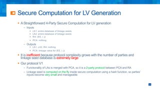 Secure Computation for LV Generation
§ AStraightforward 4-Party Secure Computation for LV generation
– Inputs
§ LA1: entire database of linkage seeds
§ LA2: entire database of linkage seeds
§ RA: (EE, i, j)
§ PCA: nothing
– Outputs
§ LA1, LA2, RA: nothing
§ PCA: linkage value for (EE, i, j)
§ It is inefficient because protocol complexity grows with the number of parties and
linkage seed database is extremely large
§ Our protocol V1
– Functionality of LAs is merged with PCA, so it is a 2-party protocol between PCA and RA
– Linkage seed is computed on the fly inside secure computation using a hash function, so parties’
inputs become very small and manageable
24
 