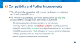 Compatibility and Further Improvements
§ V1 – V3 are fully compatible with current LV design, i.e., vehicles
won’t notice any difference
§ V4: Privacy is guaranteed by secure computation, so only one
(instead of two) linkage chain per vehicle is sufficient
– No obvious security weaknesses compared to current design
– Currently deployed devices need software update for new CRL expansion
– Cuts CRL size in half (or, doubles the number of devices that can be revoked)
– Cuts CRL expansion time in half, a big plus for resource-constrained devices
– Cuts LV generation time and resources in (almost) half
– Makes misbehavior identification more efficient
28
 