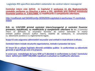 Legislaţia RO specifică dezvoltării sistemelor de control intern/ managerial 
Controlul intern este definit in Capitolul II sectiunea 11 din Reglementarile 
contabile conforme cu Directiva a patra a CEE, aprobate prin Ordinul ministrului 
finantelor publice nr. 3.055/2009, cu modificarile si completarile ulterioare. 
http://codfiscal.net/34049/omfp-30552009-capitolul-ii-sectiunea-11-controlul-intern 
O.G. nr. 119/1999 privind controlul intern/managerial şi controlul financiar 
preventiv, republicată, cu modificările şi completările ulterioare la Art. 2 Controlul 
intern se defineste ca ansamblul formelor de control exercitate la nivelul 
entitatii publice (inclusiv auditul intern), stabilite de conducere, in concordanta 
cu obiectivele acesteia si cu reglementarile legale. 
Scopul CI este asigurarea administrării resurselor unei entitati in mod eficient si eficace. 
Controlul Intern include structurile organizatorice, metode si proceduri de lucru. 
SC Smart SA va adapta legislatia aferentă entităților publice in conformitate cu obiectivele 
generale si specifice pe care si le propune. 
In acest sens metodologia de lucru SCM va fi abordată in conformitate cu Codul Controlului 
Intern definit prin OMFP 946/2005 republicat si actualizat cu modificarile ulterioare. 
 