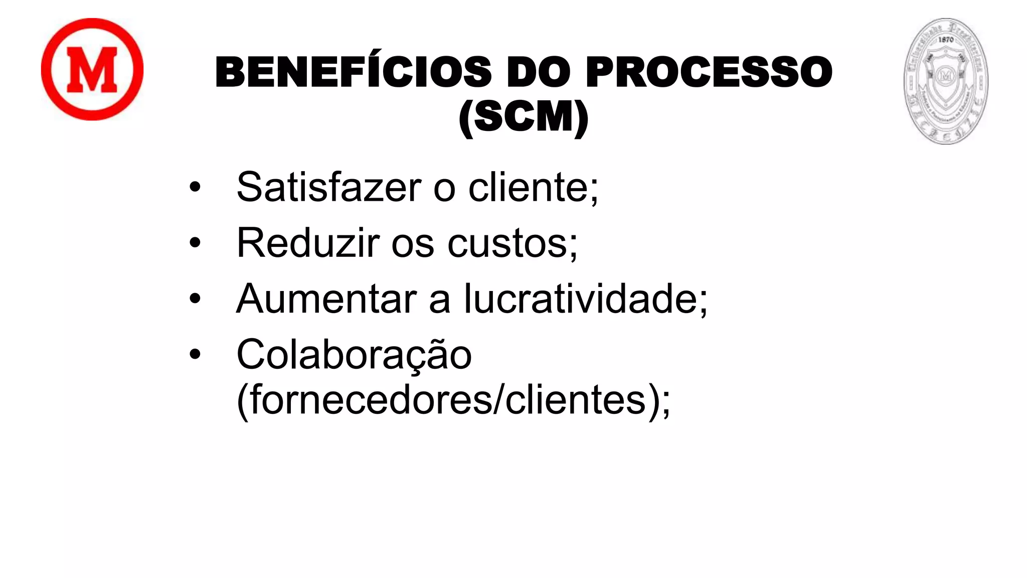 BENEFÍCIOS DO PROCESSO
(SCM)
• Satisfazer o cliente;
• Reduzir os custos;
• Aumentar a lucratividade;
• Colaboração
(fornecedores/clientes);
 
