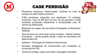 CASE PERDIGÃO
• Produtores exclusivos; Padronização; Controle do nível de
estoque em toda Cadeia produtiva;
• 6.000 produtores integrados que abastecem 13 unidades
industriais, mais de 400 itens em seu mix de produtos e 2.400
toneladas produzidas diariamente e transportadas para 30
centros de distribuição;
• Balancear as cargas; tipo de produto (Congelado ou Resfriado);
Validade;
• Deve-se levar em conta duas outras variáveis – Manter estoque
(inventario) – Venda perdida devido a falta da mercadoria em
determinado CD;
• Software – Simulação da Cadeia de Suprimentos
• Decisões estratégicas de investimentos com ampliação ou
construção de CDs.
• Tempo de entrega, custos com frete e estocagem reduzidos.
 